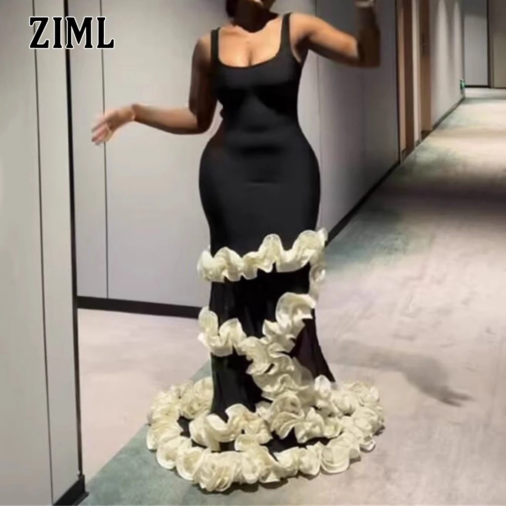 

ZIML Hit Color Slimming Spliced Ruffles Sheer Sexy Dresses for Women Round Neck Sleeveless Elegant Long Dress Female Fashion New