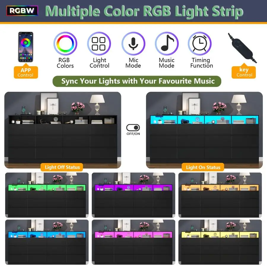 Commode noire à tiroirs divisés à 12 cellules, avec Station de charge, lumières Led pour chambre à coucher, longue commode 63 large, meuble TV pour téléviseurs vers le haut