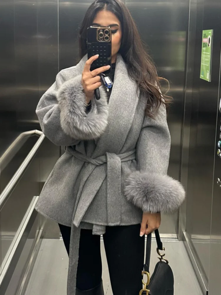 

Elegant Lace Up Woolen Coats Women Solid Full Sleeve Turn-down Collar Loose Thick Warm Coats 2025 Autumn Winter