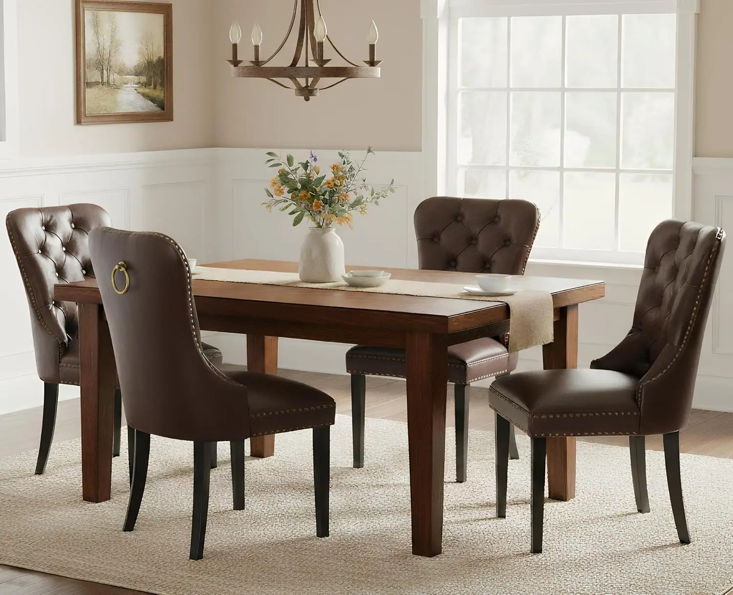 Mid Century Dining Chair Set of 4 Leather Upholstered Wood Legs Tufted Nailhead Trim Kitchen Living Room Coffee Ring, Customized