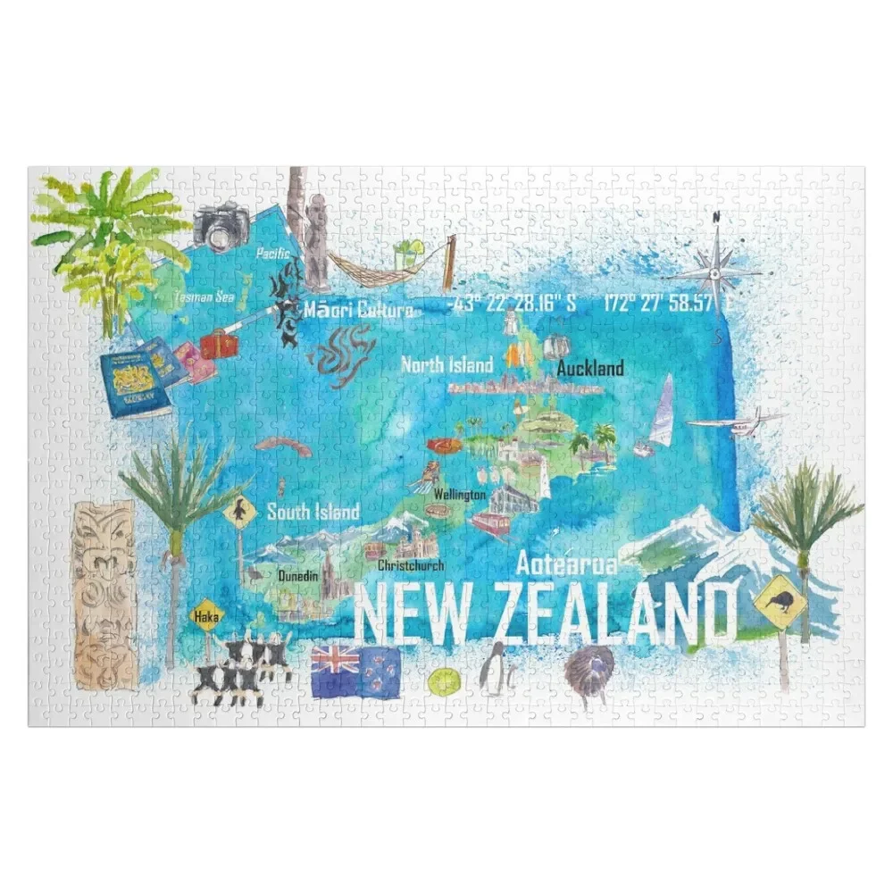 

New Zealand Illustrated Travel Map with Tourist Highlights Jigsaw Puzzle With Personalized Photo Custom Wood Personalize Puzzle