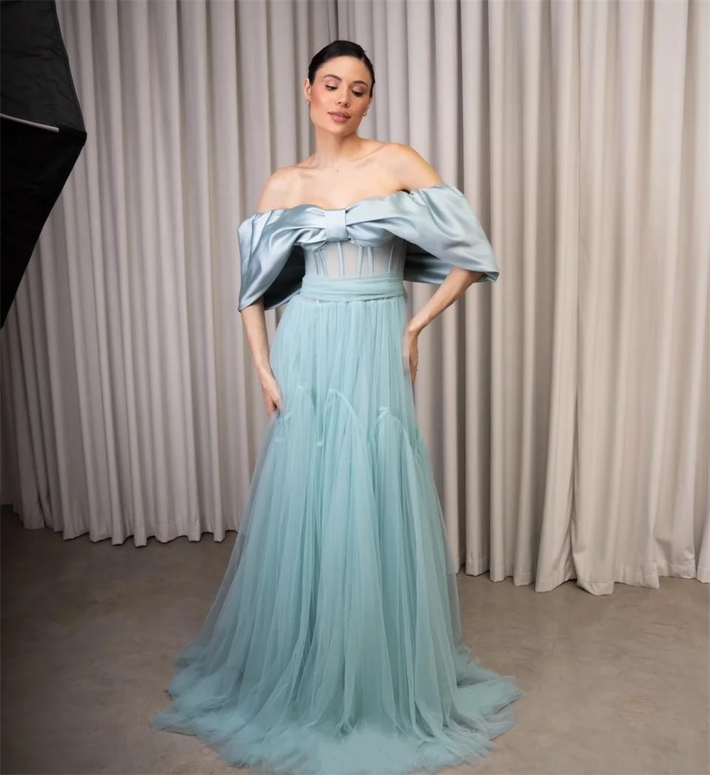 

Retro Pastrol Tulle Pleat Bow Draped A-line Off-the-shoulder Long Dresses Prom Dresses Sizes Available High Quality Exquisite