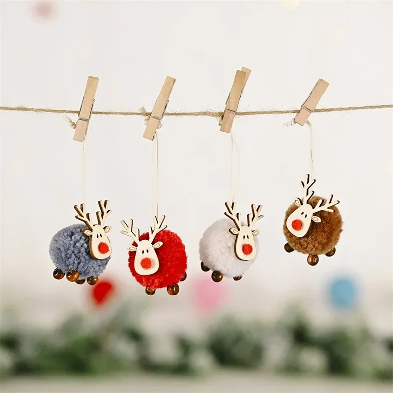 4Pc Deer Ornaments Christmas Tree Soft Reindeer Plush Doll Christmas Antler Pendant Wooden Animal Ornaments Deer Christmas Decor