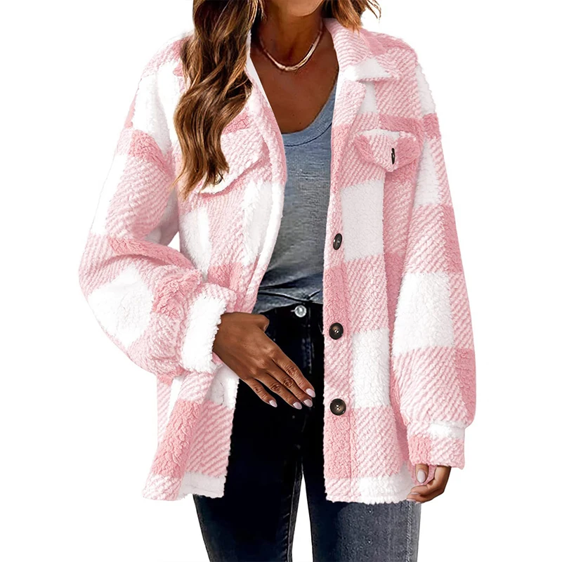 Winter Plaid Lambskin Plush Jacket Button Autumn Pocket Retro Loose Women Clothing Office American Casual Warm Thick Coat Chic