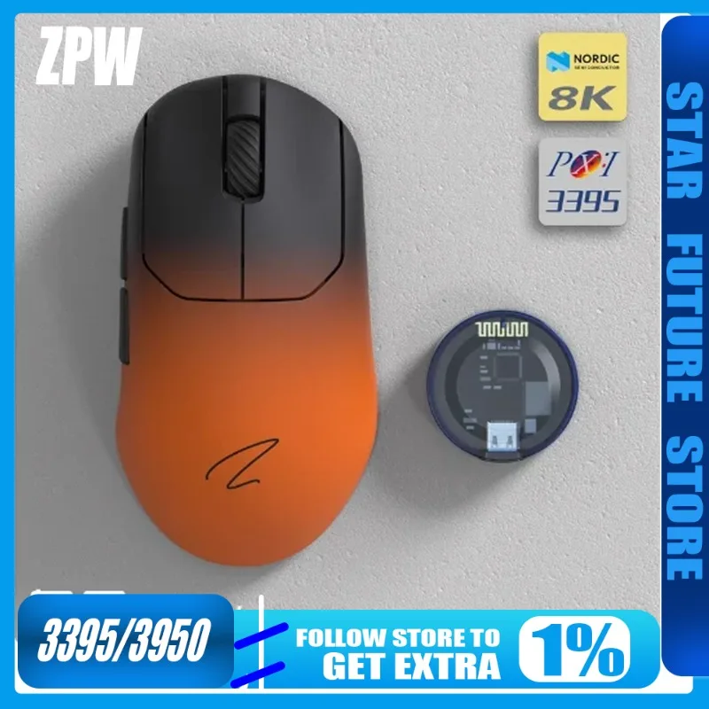 

Беспроводная мышь Zaopin ZPW Nordic52820 Чип PAW3395 Трехрежимная эргономичная легкая мышь 8K Игровая офисная мышь 26000 точек на дюйм