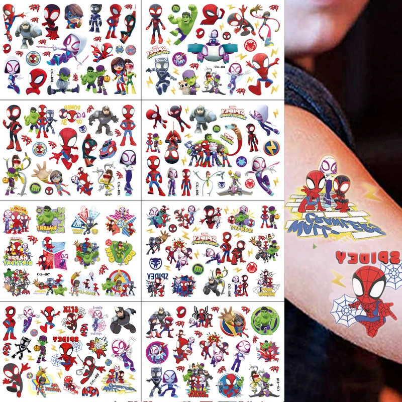 Random 2Pcs Marvel Spiderman Tattoo Stickers Disney Anime Spider-Man Cartoon Tattoo Sticker Kids Birthday Party Gifts Body Art