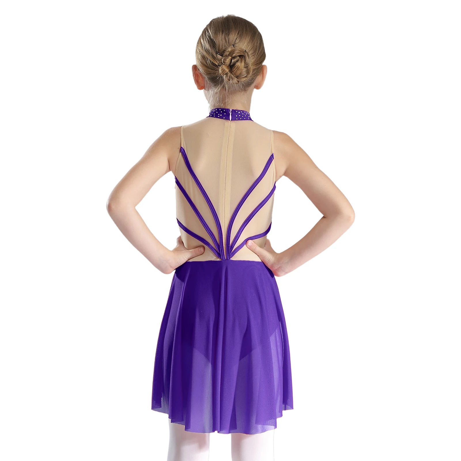 6-16Y Girls Modern Lyrical Dance Costume Figure Skating Ballet Gymnastics Leotard Dress Sleeveless Rhinestones Mesh Bodysuit image 2