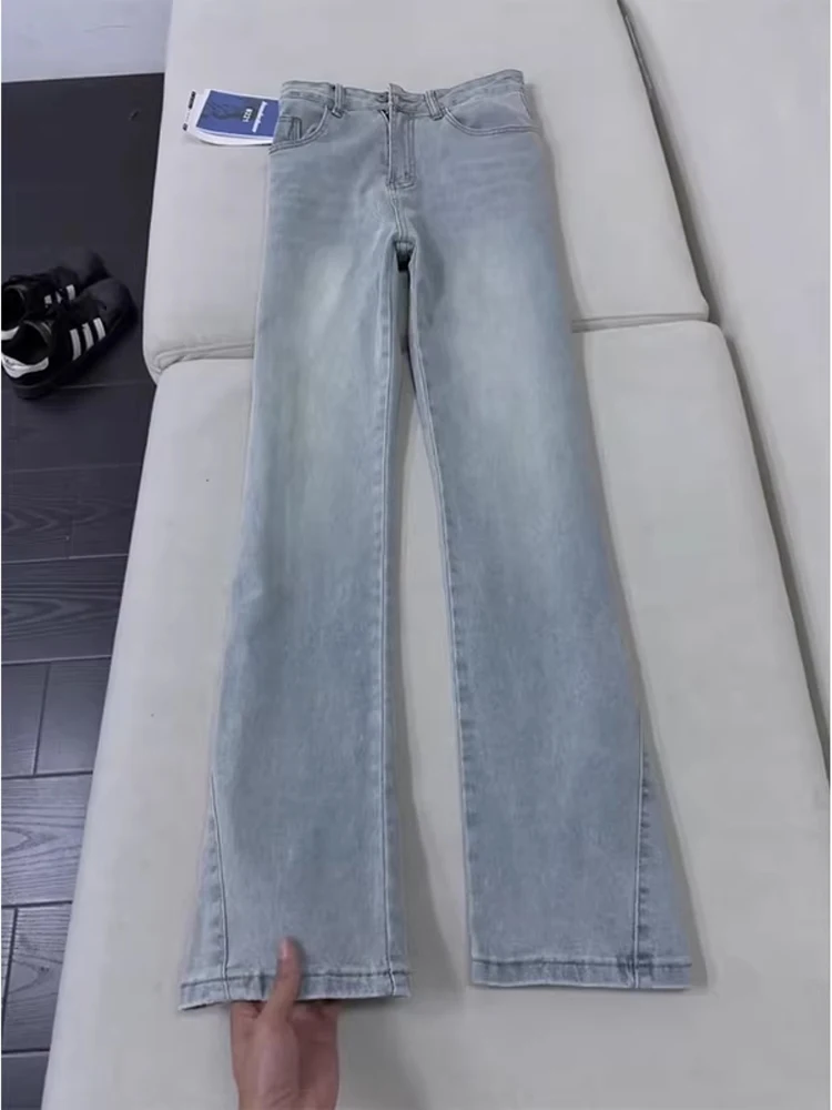 

Light Blue American High Street Sle Men's Slim Fit Straight Leg Jeans Side Cut Design Extended Version Flared Pants