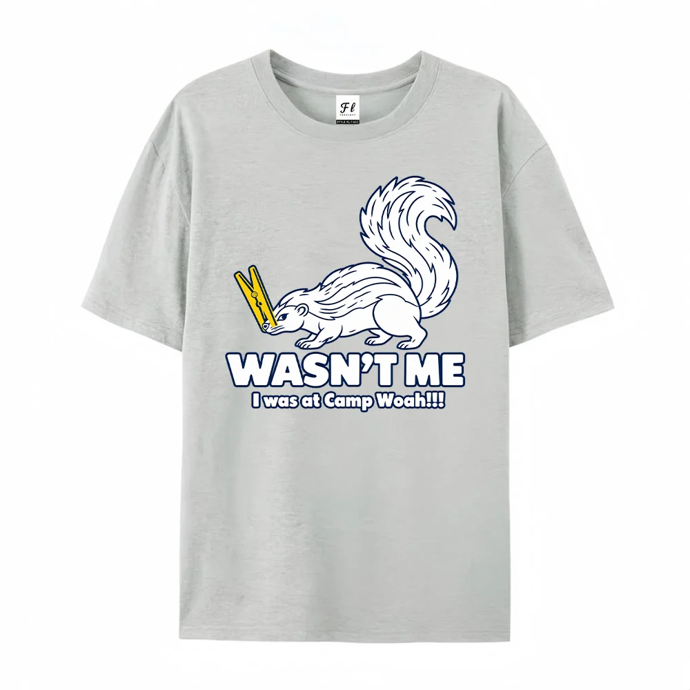 Men T Shirt Wasnt Me I Was At Camp Woah Graphic Skunk Print Summer Short Sleeve Casual Crewneck Harajuku Fashion Loose Top