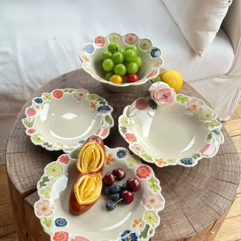 Flower Japanese retro creative dinner plate, high value underglaze ceramic tableware set