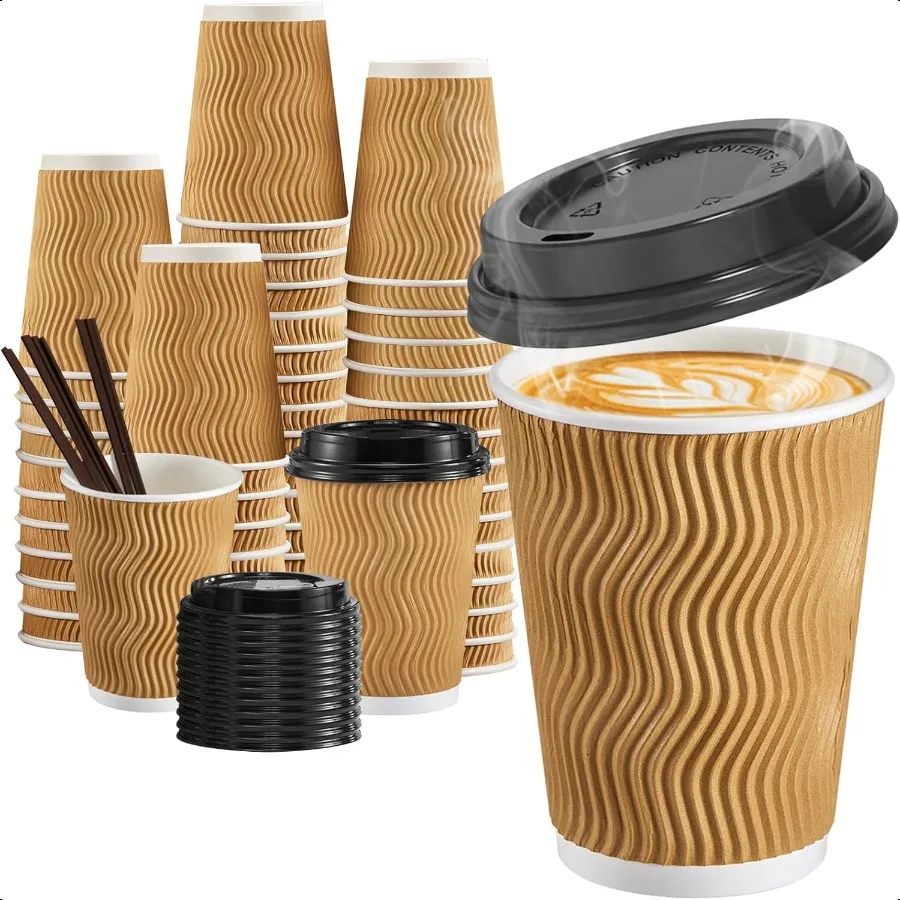 Tazas de café de 12 oz, paquete de 90 tazas de café con tapas y pajitas, pared ondulada aislada para llevar, taza de café de papel para café, chocolate caliente