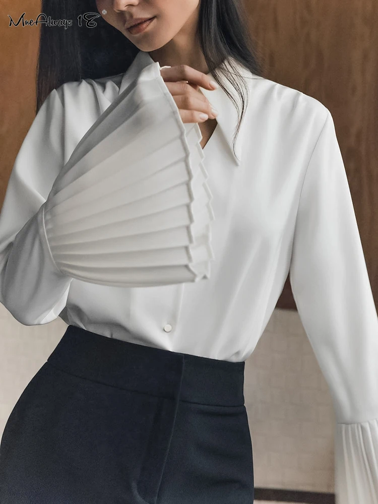 Mnealways18 White Elegant Hollow Out Chiffon Shirts Office Ladies Chic Flare Sleeves Lapel Blouses And Tops Autumn 2024 Womens