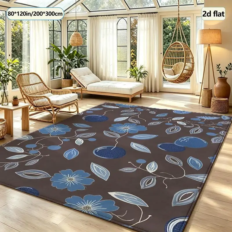 Brown Background with Blue Floral Fruit Pattern Seamless Carpet, Vintage Square Carpet, Non-Slip Ethnic Decorative Rug Suitable for Living Room and Bedroom