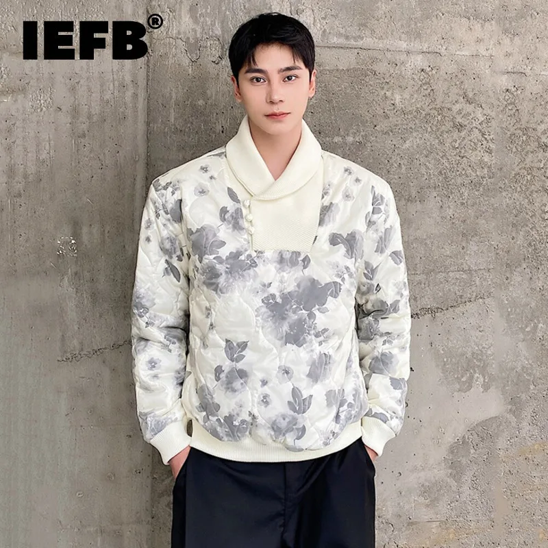 IEFB Winter Double Embossing Men's Cotton Jackets Casual Round Collar Pullover Niche Design Padded Coats Fashion Tops 9C8955