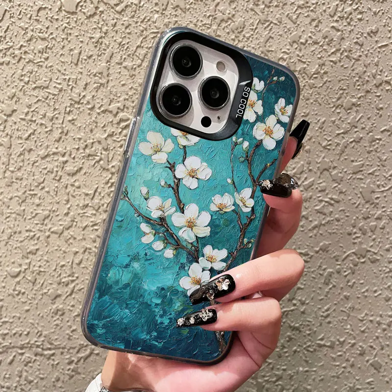 Art Van Gogh peinture à l'huile fleurs d'amande fleur Laser coque de téléphone pour IPhone 15 14 13 12 Mini 11 Pro Max 17 16 Pro Max Plus étui