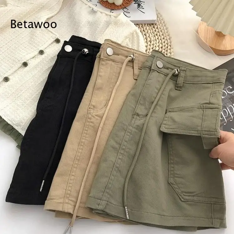 Women High Waist Cargo Mini Skirt Drawstring Waist Multi Pockets Casual A Line Short Skirt