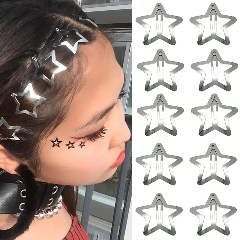 10Pcs Punk Silver Star Hair Clip Hair Metal Snap Clip Hairpins Barrettes for Girls Kids Boutique Hair Accessories Headwear Gifts