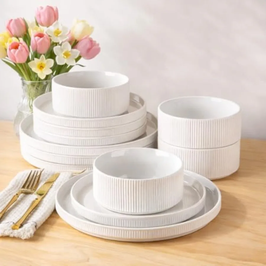 

Наборы посуды из керамогранита на 4 персоны, 12 предметов: керамические ребристые тарелки и миски с реактивной глазурью, штабелируемые, устойчивые к царапинам