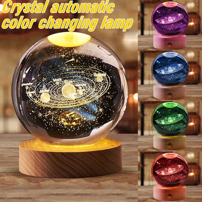 

LED Astronomy Crystal Lights,Glowing Planetary Galaxy Astronaut Ball Night Lights,Warm/6 Colors Wooden Base Bedside Light Gift