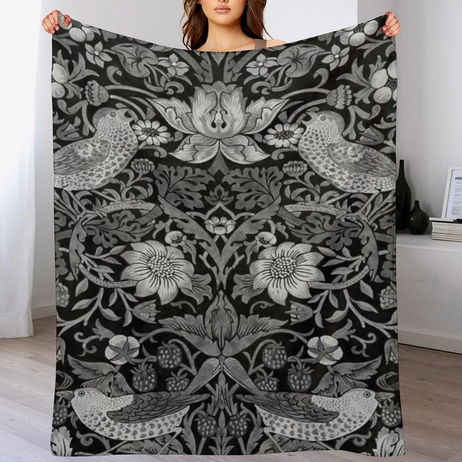 William Morris- strawberry thief,grey, white,black Throw Blanket Thins Designers Heavy Blankets