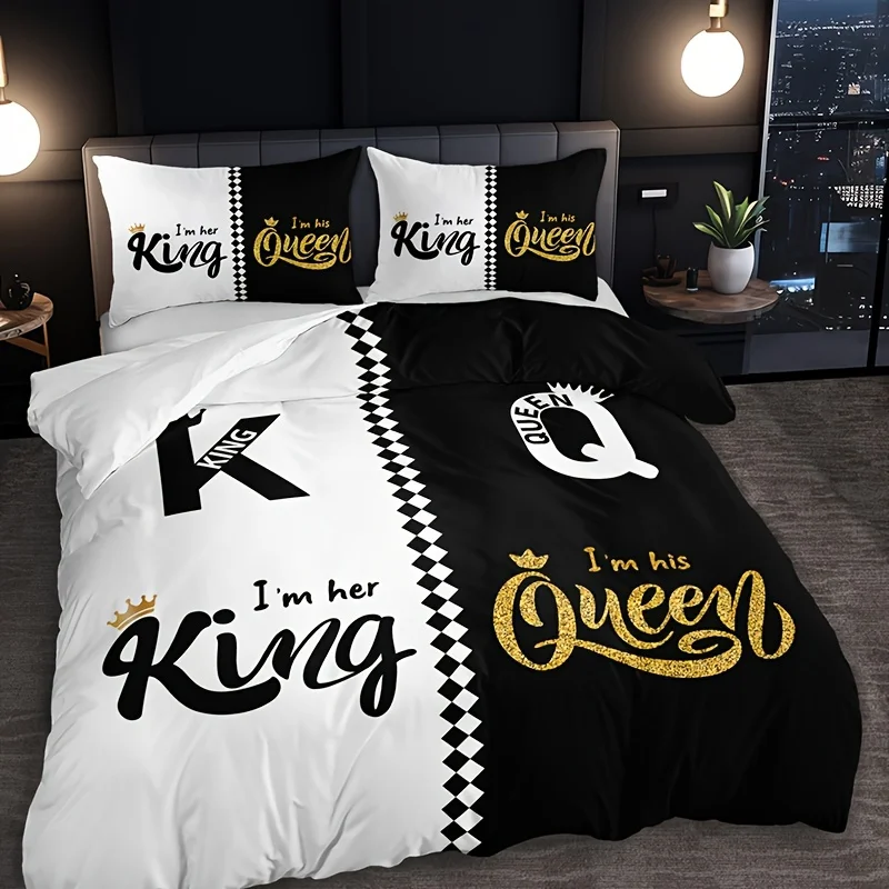 Black Grey Crown Lettering Duvet Cover Set (1 Duvet Cover + 2 Pillowcases) High Definition Printing For Home Dorm Decor