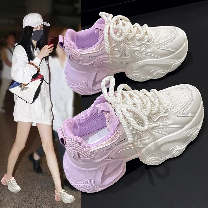 

Women's Thick-Soled Dad Sneakers 2025 New Summer Breathable Height Increasing Shoes White Sports Shoes Women Summer