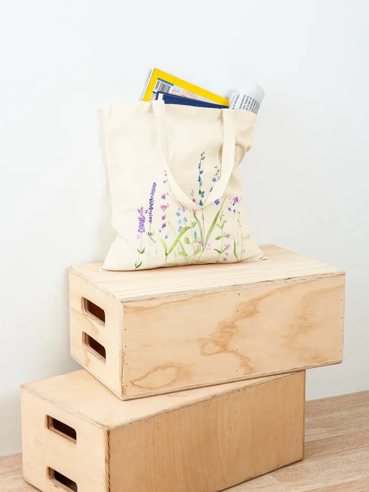 رسمت باليد الأرجواني الأزرق الزهور البرية اللوحة المائية حمل حقيبة صديقة للبيئة حقيبة تسوق أكياس حقيبة يد نسائية شنطة هدايا #4