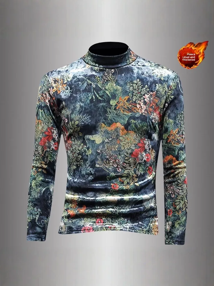 

Мужская теплая зимняя футболка с длинным рукавом, на флисовой подкладке, с высоким воротником, приталенного кроя, из утолщенного полиэстера, в городском стиле