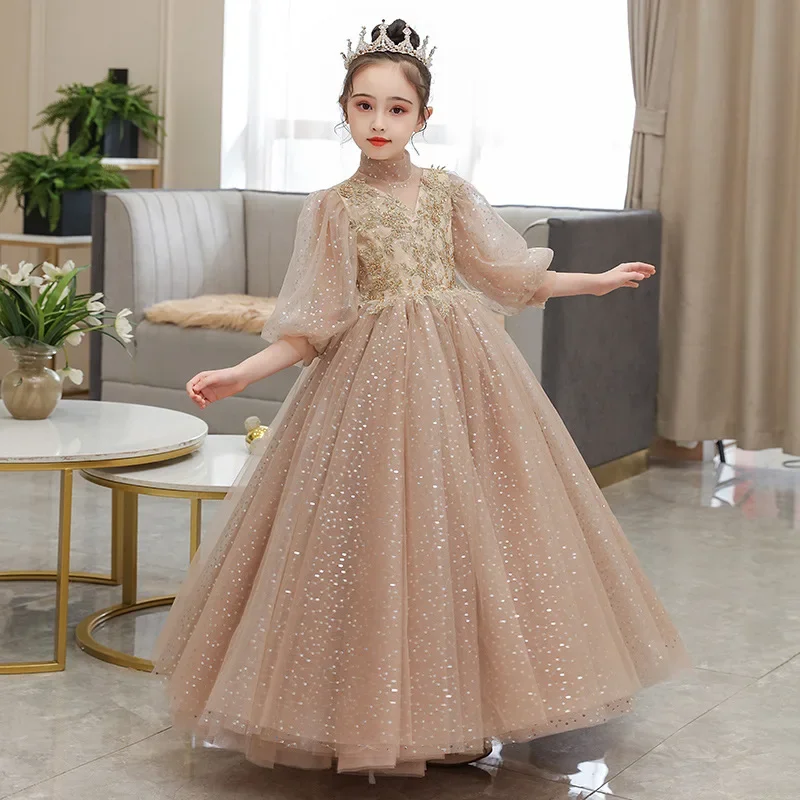 Vestido de noche de princesa con lentejuelas para niña, Vestido largo de primera comunión con flores, vestido de baile para bebé, disfraz elegante y esponjoso, 2024