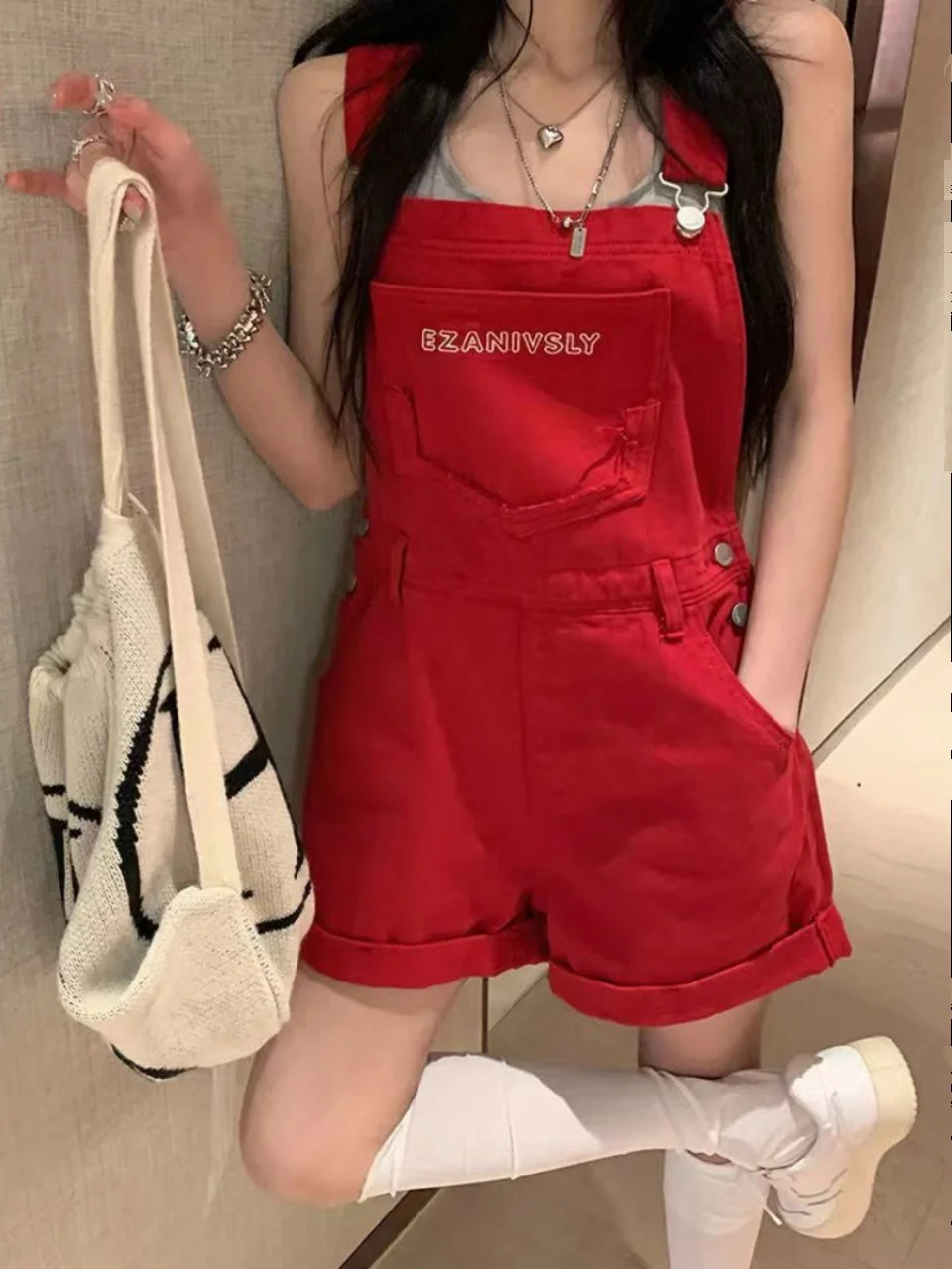 Overall Denim Merah Musim Panas Wanita Gaya Jalanan Retro Pakaian Kerja Kaki Lebar Tali Pinggang Tinggi Bahan Denim Tipis