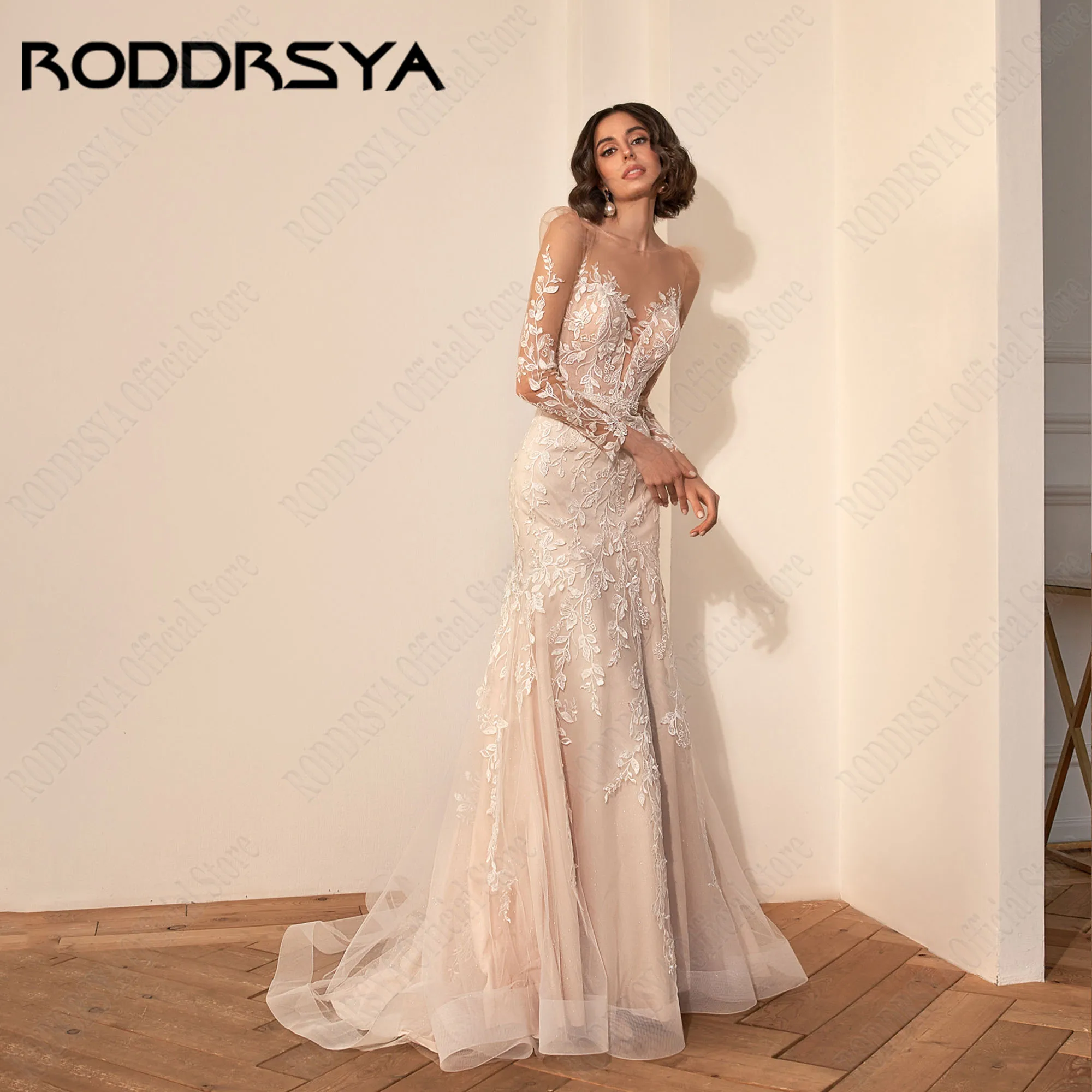 RODDRSYA Mermaid Sparkling Wedding Dresses 2024 Long Sleeves Scoop Neck Applique Civil Bride Gowns Zipper Back Robe De Mariée