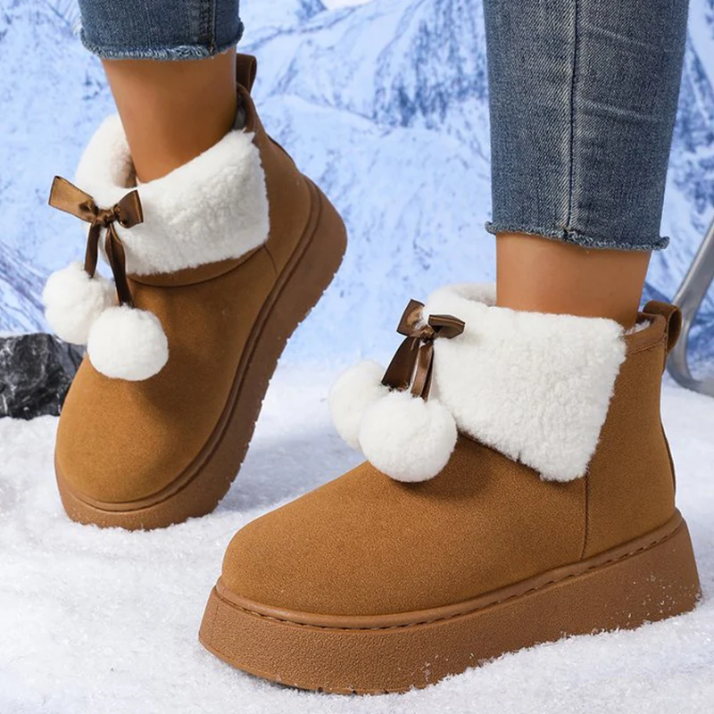 

Fashion Fluffy Ball Snow Boots for Women Thicken Short Plush Warm Ankle Boots Woman Wear Resistant Platform Cotton Shoes Female