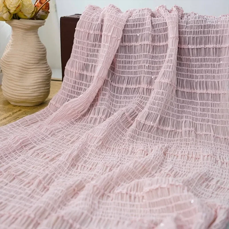 قماش شيفون جميل، قماش دانتيل مكشكش مرن بخطوط لامعة لفستان الزفاف، التنانير، البلوز، أزياء الرقص،