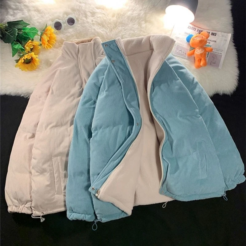 2023 New Winter Women Corduroy Jacket Vintage Lamb Fleece Cotton Parkas Coat Fashion Thick Warm Clothes Double-sided Outerwear