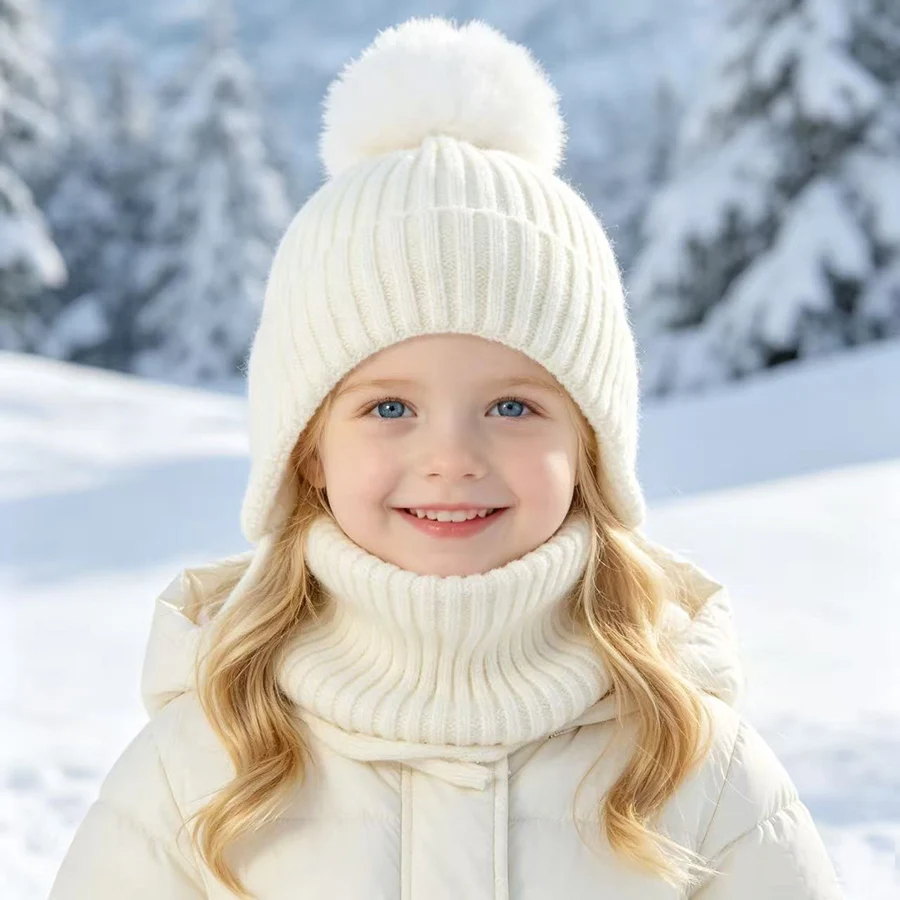 Winter-Wollmütze mit Nackenschutz 2-teiliges Set Echte Fuchsfell-Mütze für Kinder Jungen Mädchen Dicke Fleece Warme Gestrickte Gestreifte Ohrenklappe Baby Skullies Mütze – Detail 6