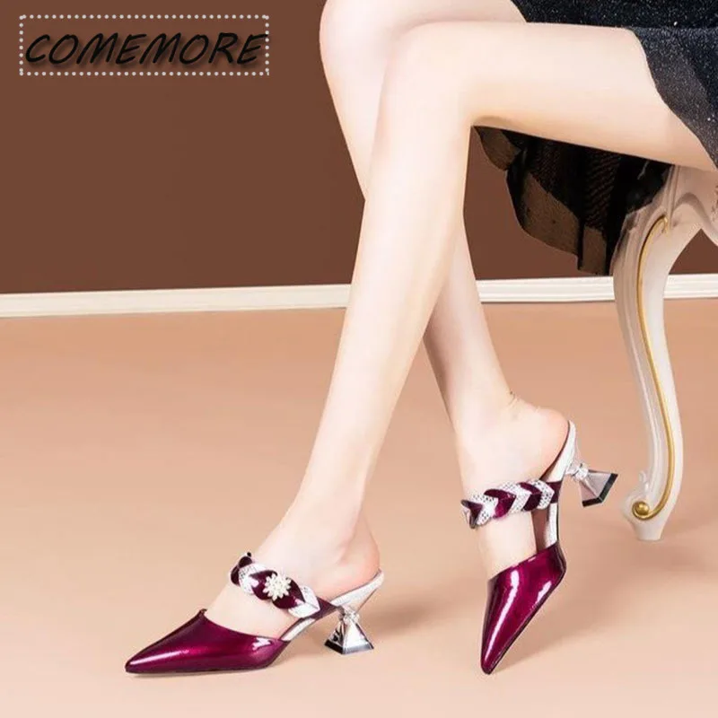 Summer New Thick Crystal Heels Korean Style Pointed High Heel Luxury Party Women's Shoes Fashion Slippers Wedding Shoes Bridals