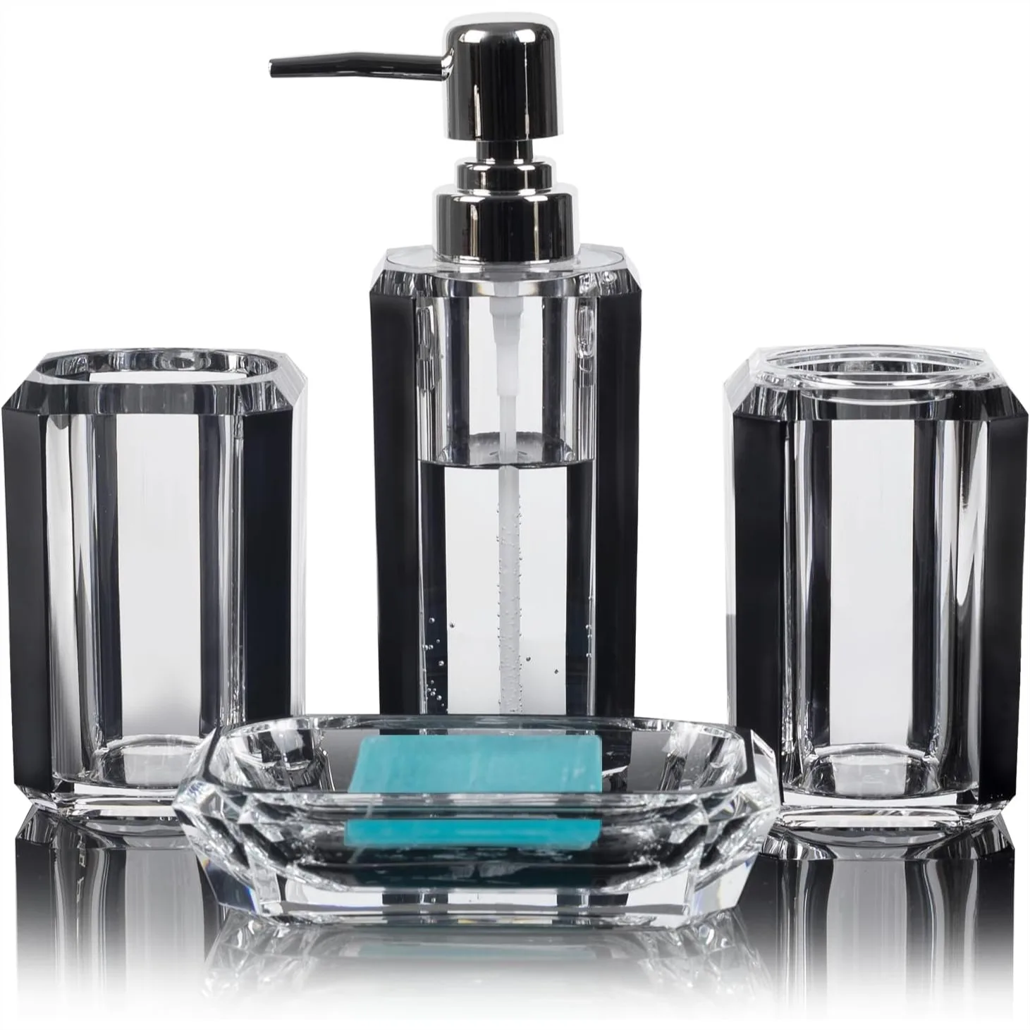 

4-Piece Black Bathroom Accessories Set — Soap Dispenser, Soap Dish, Mouthwash Cup & Toothbrush Holder, Glossy Acrylic with