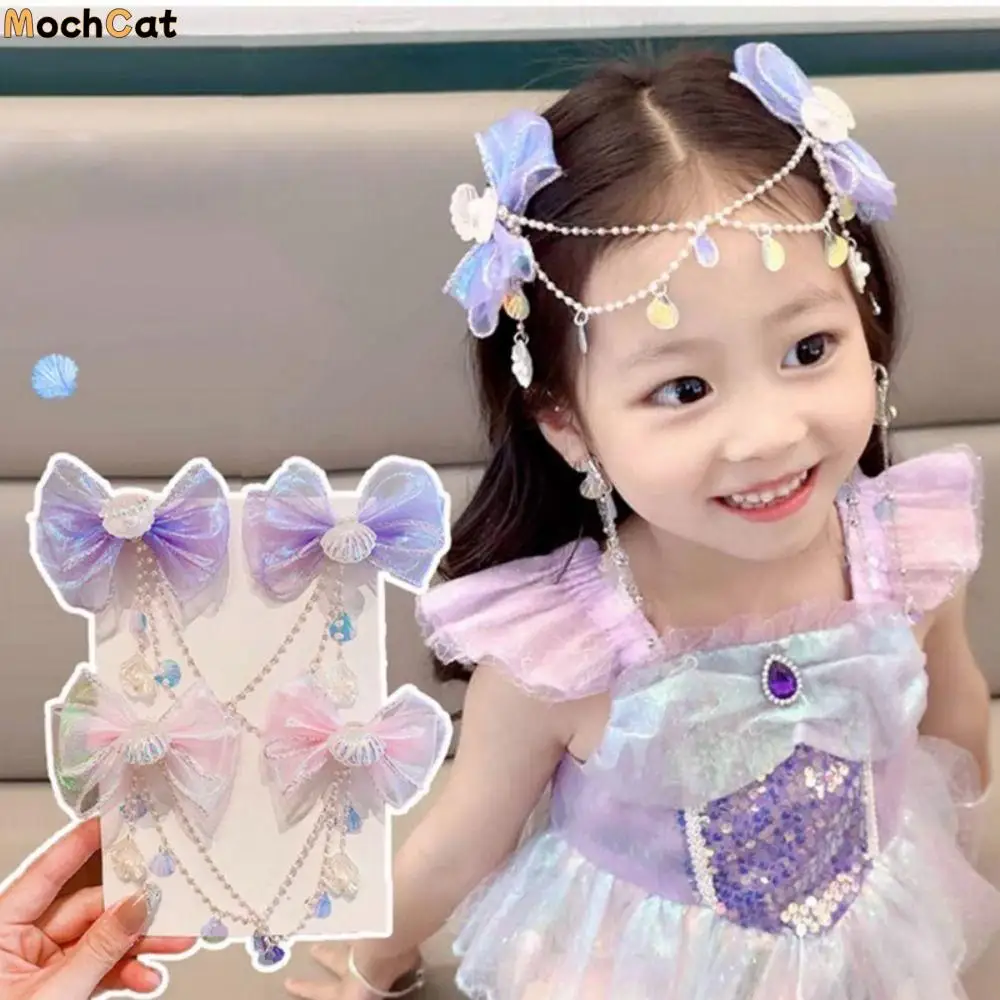 Fairy Fringe Mermaid Princess Forehead Chain Ear Hook Bow Baby Head Wear Pearl Shell Girls