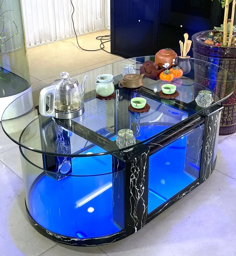 Large ecological coffee table, fish tank, living room, medium-sized TV cabinet