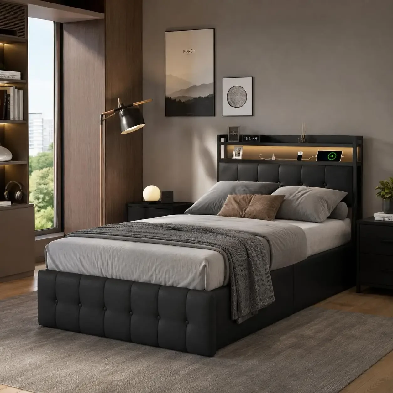 Gepolstertes Bett von Fangange, hydraulisches Bett, modernes Doppelbett, Kopfteil mit LED- und USB-Anschluss, 140/160 x 190/200 cm, ohne Matratze.