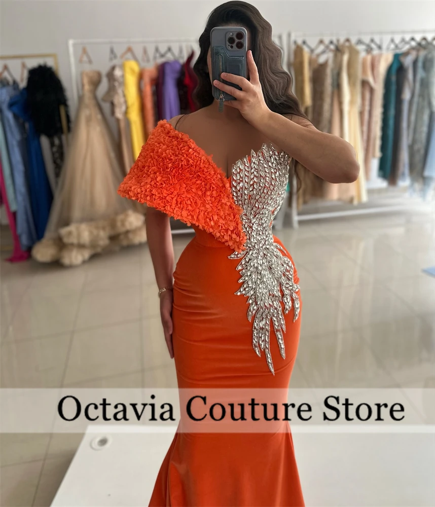 

Orange Black Girl Prom Dress Luxury Mermaid Crystal Beaded One Shoulder Ruffles Birthday Evening Gala Gown Graduation Customized