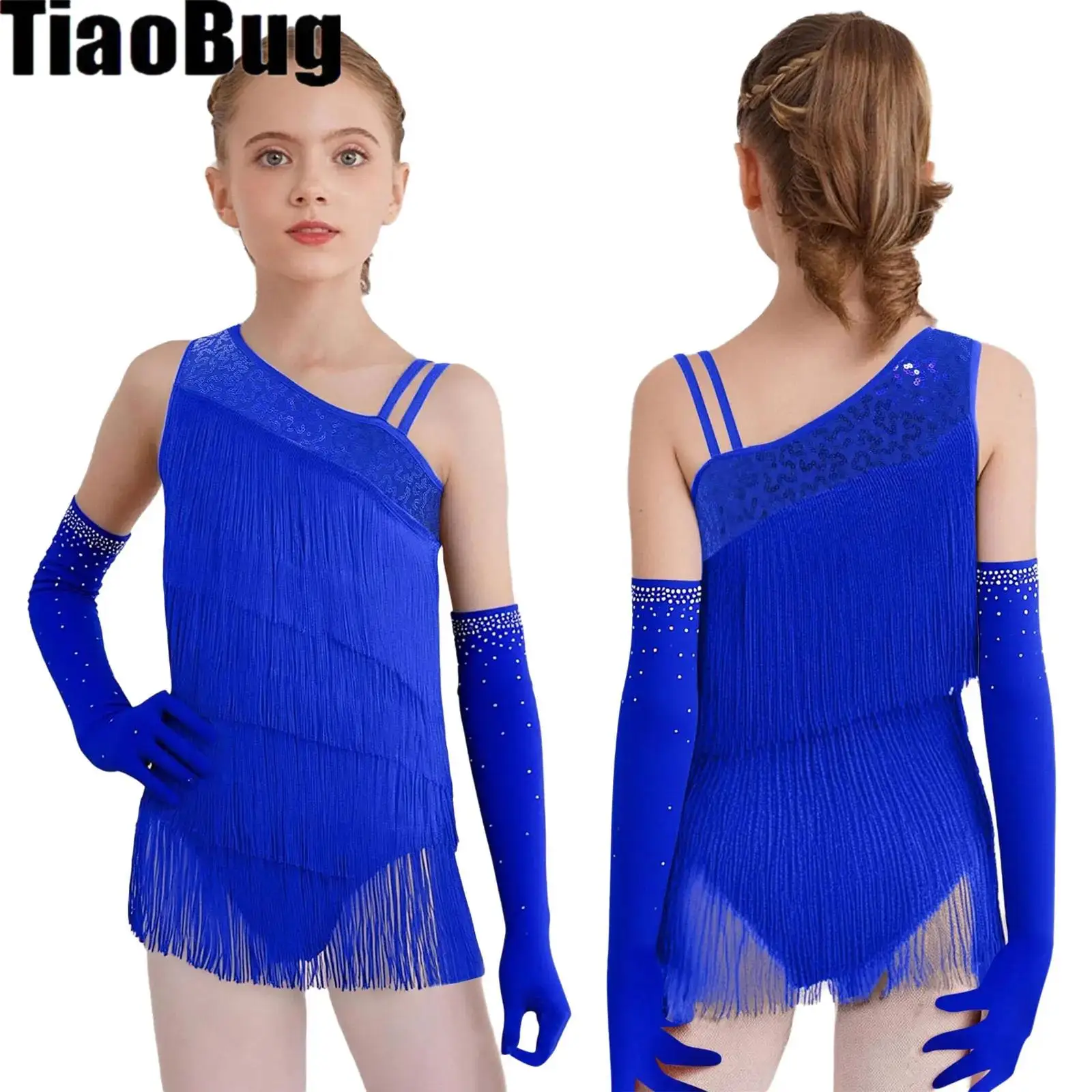 

Girls Tassels Latin Dance Leotard Dress Costume Sleeveless Asymmetrical Fringe Bodysuit Modern Ballroom Salsa Skating Dancewear