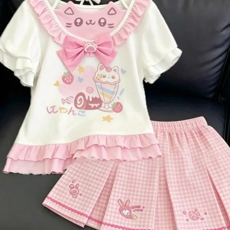 Japanese Pink and White Cute Skirt Set Women with Bow Pom-Pom Detail and Animal Print Sweet Spring Set for Casual Wear 2025 image 3