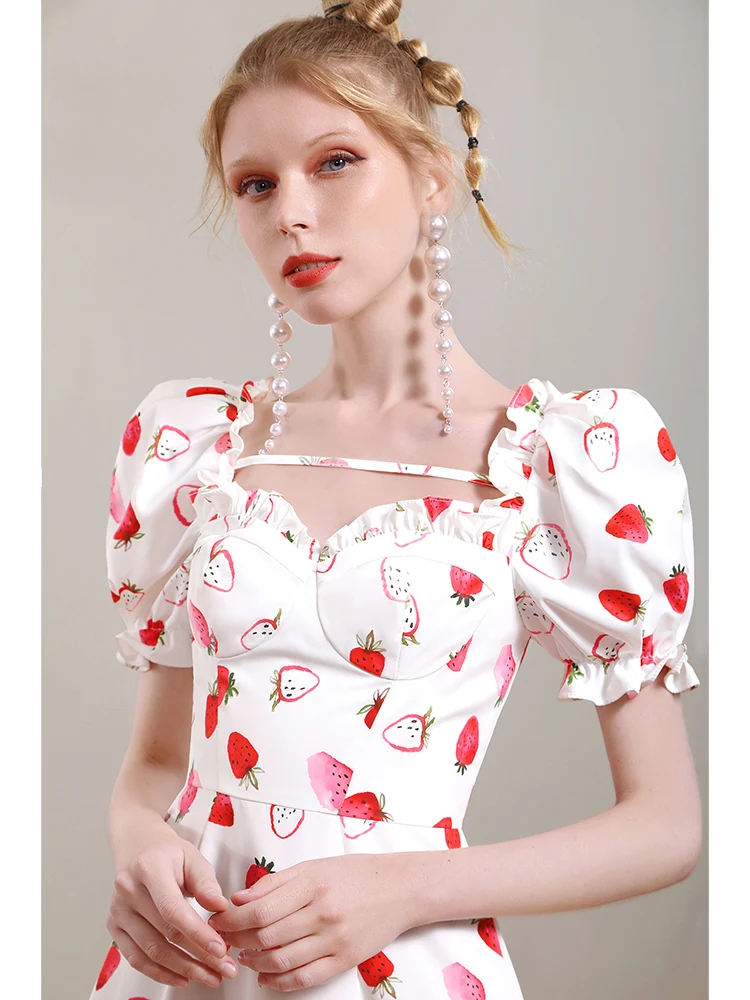 High Quality French Strawberry Print Dress for Women 2024 Summer Sweet Girlish Style Playful Puff Sleeve Ruffled Pleated Dresses