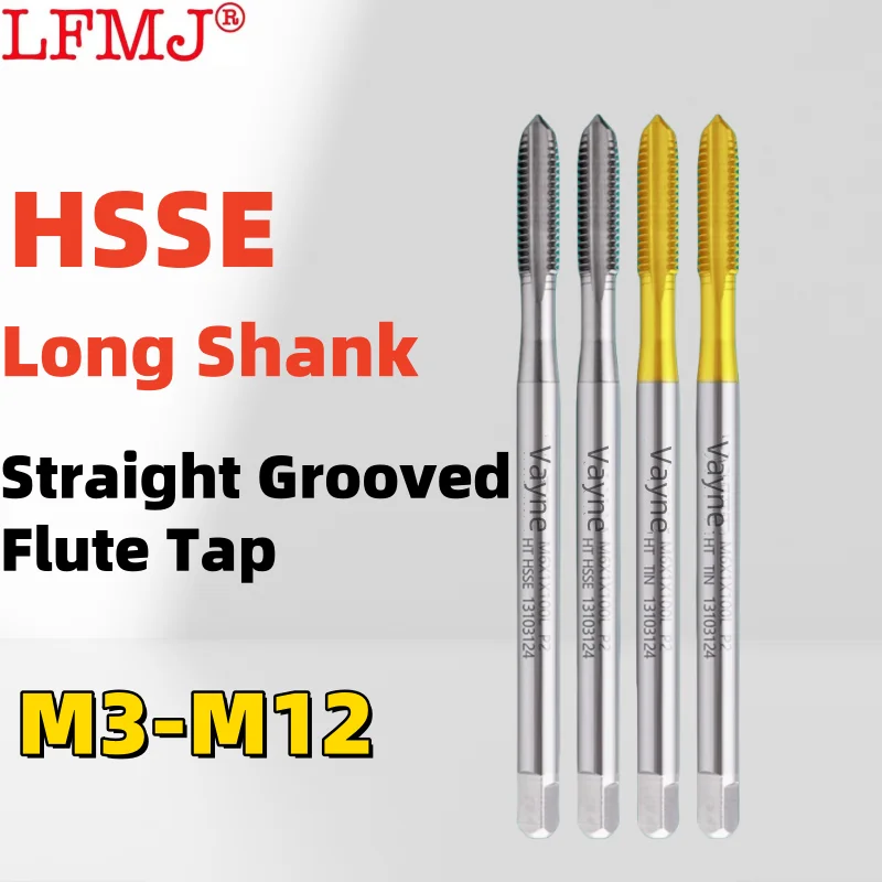 1PCS HSSE Long Shank 100MM 150MM Metric Straight Grooved Flute Tap TIN-Coating M3M4M5M6M8M10M12 Fine Machine Thread Taps