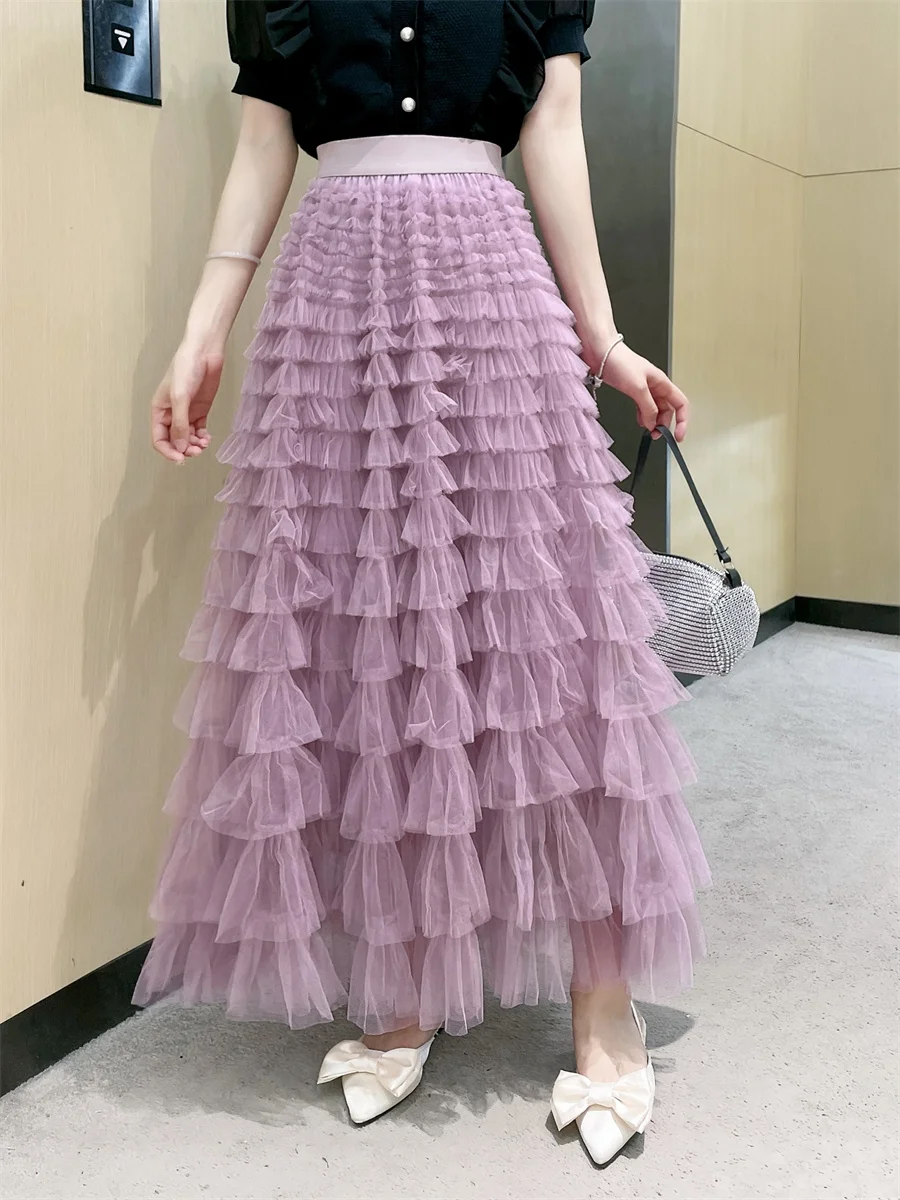 

Fashion Tutu Tulle Skirt Women Long Skirt 2023 Spring Summer Korean Black Pink High Waist Pleated Skirt Female