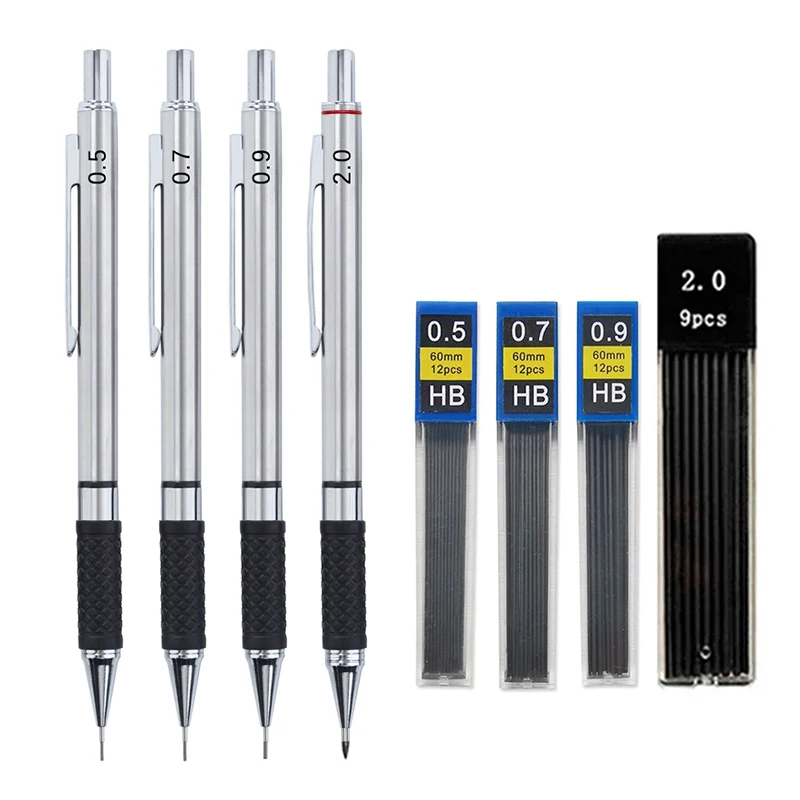 Automatic pencil set Metal Mechanical Pencil set with pencil grip Leads Art Drawing Student Office Supplies 0.5/0.7/0.9/2.0mm Automatic Pencil