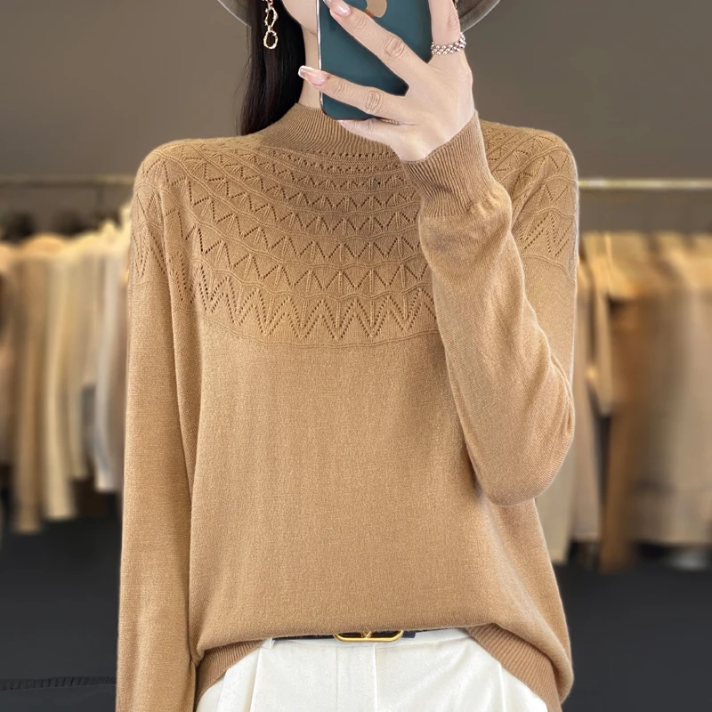 Women's Pullover Autumn New Worsted Wool Sweater Casual Hollow Knitwear Ladies' Tops Loose Half Turtle Collar Blouse