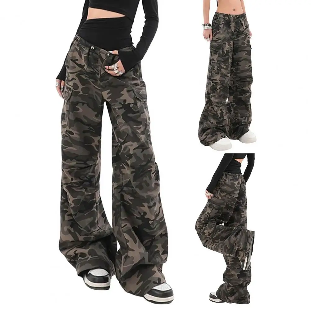

Lightweight Trousers Camouflage Print Women's Cargo Pants with Adjustable Drawstring Waist Multi Pockets Loose Fit for Casual