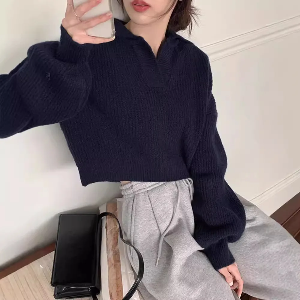 Niche Lazy Style Half Open Collar Soft Sticky Loose Casual Versatile Long Sleeve Knitted Sweater for Women